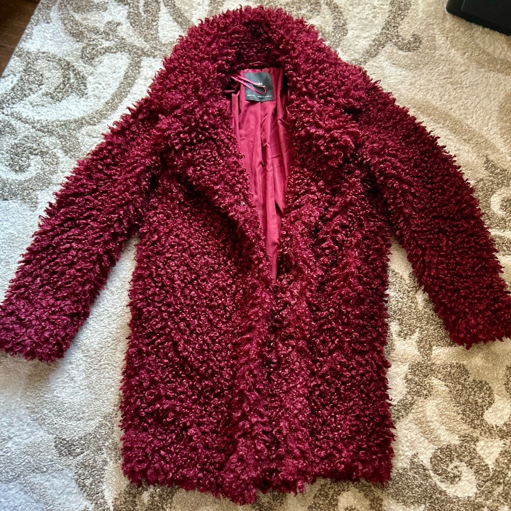 Burgundy Textured Faux Fur Coat Statement Outerwear